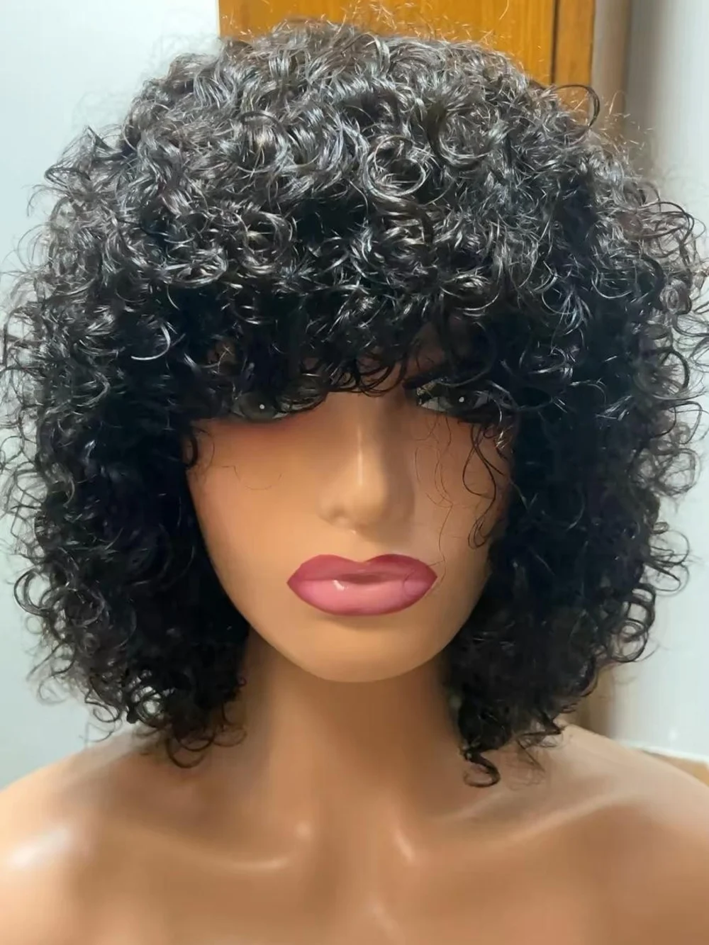 Black Curly Short Wig with Bangs - Women's Hair